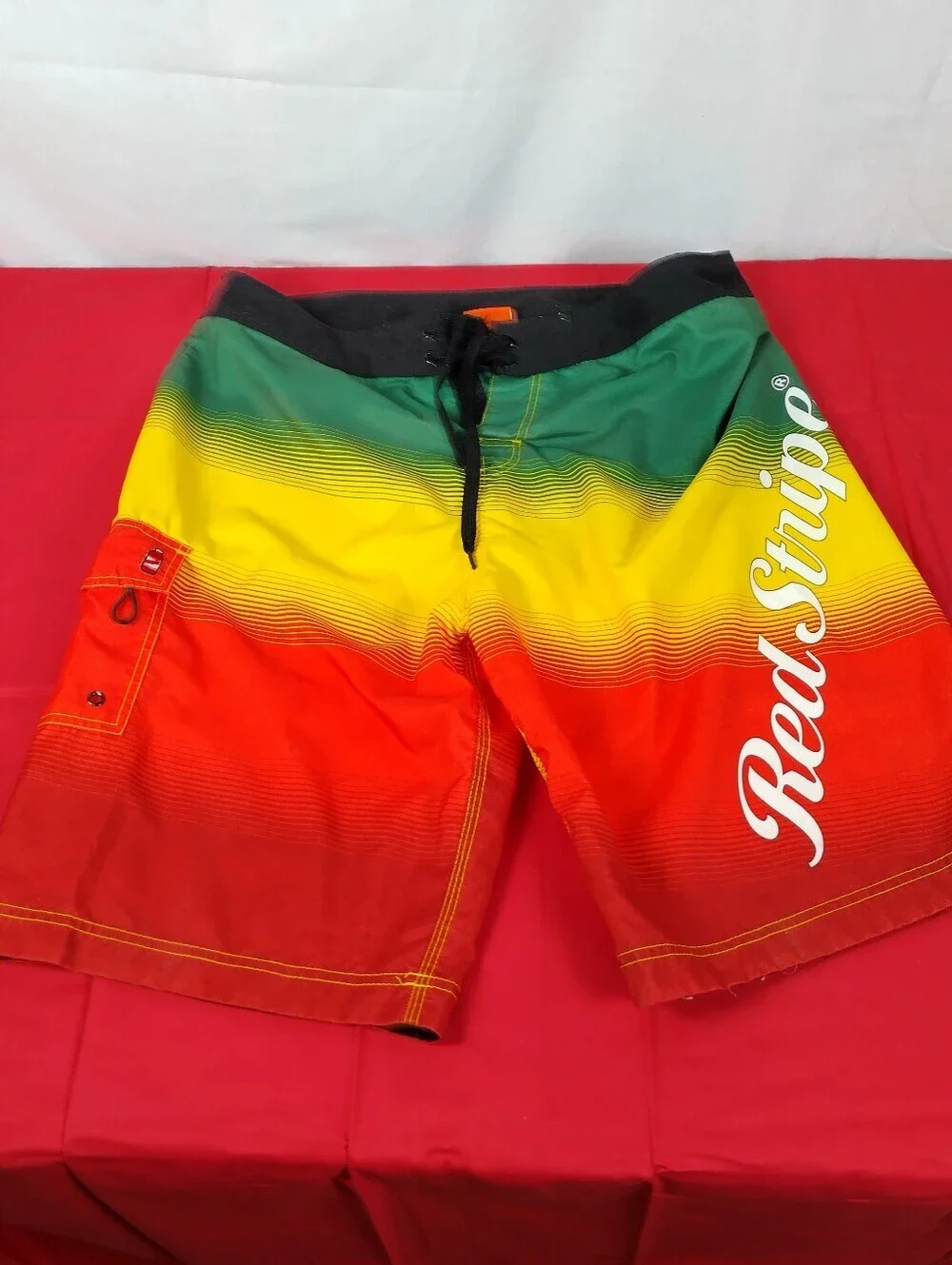RED STRIPE Men'sJamaican Lager Beer Swim Trunks Shorts Sz36 Rasta Reggae Colors